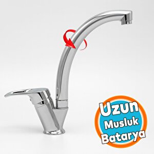 Uzun Batarya Krom Lavabo Banyo Mutfak Musluğu Musluk Mermer Tezgah Üstü Çift Su Giriş Evye Mix