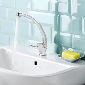 Uzun Batarya Krom Lavabo Banyo Mutfak Musluğu Musluk Mermer Tezgah Üstü Çift Su Giriş Evye Mix