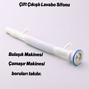 Çift Çıkışlı Lavabo Sifonu Körüklü Hortum Çamaşır Ve Bulaşık Makinesi Uyumlu Süzgeç Koku Yapmaz