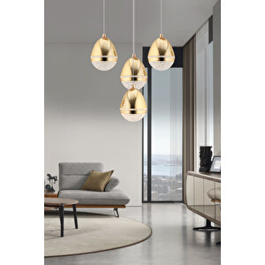 Amaya 4'lü Yuvarlak Gold Damla Başlıklı Modern Salon Led Avize