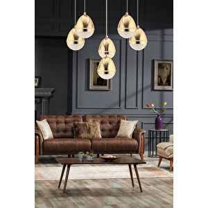 Amaya 6'lı Yuvarlak Gold Damla Başlıklı Modern Salon Led Avize