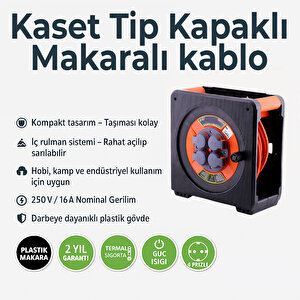Makaralı Uzatma Kablosu 3x1.5 Mm 20 Mt Cca Kapaklı 4 Prizli Monofaze Termal Sigortalı Plastik Seyyar