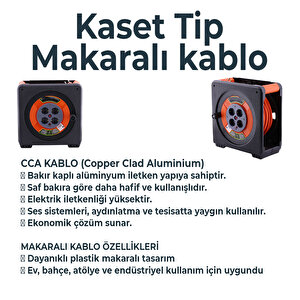 Makaralı Cca Uzatma Kablosu 40 Metre 3x2.5 Mm 4 Prizli Termal Sigortalı Plastik Seyyar Kaset Tipi