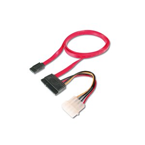 Sata Kablosu, Sata Ii/iii, Sata 22 Pin Dişi Konnektör - Sata 7 Pin L Tip Dişi Konnektör + 4 Pin Erkek Güç Konnektörü, Yassı Kablo Tipi, 0.50 Metre, Awg28, Zırhsız, Kırmızı Renk