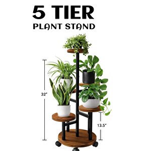 Tekerlekli Metal Çiçeklik 5 Raflı Saksılık Dekoratif 5 Raflı Çiçeklik Metal Doğal Ahşap Saksılık Çiçek Rafı Daire Model