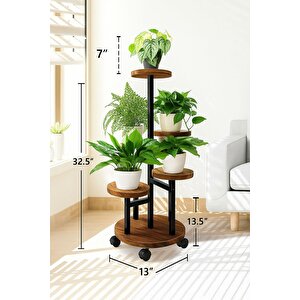 Tekerlekli Metal Çiçeklik 5 Raflı Saksılık Dekoratif 5 Raflı Çiçeklik Metal Doğal Ahşap Saksılık Çiçek Rafı Daire Model