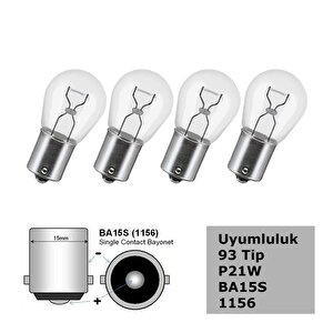93 Tip P21w Tek Duy Düz Tırnak Siyal, Stop Halojen Ampul 12v 4 Adet