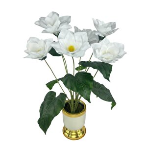 Yapay Çiçek Islak Manolya Çiçeği 6 Çiçekli 65cm Gold Krem Darbuka Galvaniz Vazoda Salon Çiçeği