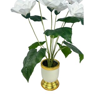 Yapay Çiçek Islak Manolya Çiçeği 6 Çiçekli 65cm Gold Krem Darbuka Galvaniz Vazoda Salon Çiçeği