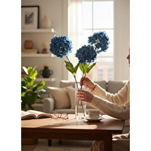 Yapay Çiçek Ortanca 90cm 2toplu Mavi Koyu Tek Dal Kumaş Çiçek Uzun Dal