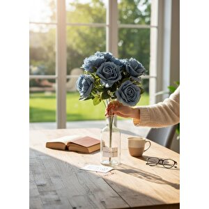 Yapay Çiçek 7li Gül Demeti 40*30cm 1.kalite Büyükboy Mavi̇ Açik
