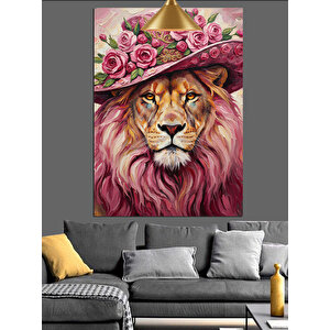 Pembe Çiçekli Aslan Dekoratif Kanvas - Mdf Ahşap Tablo 70x100 cm