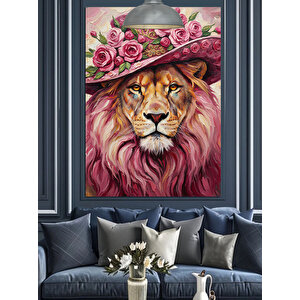 Pembe Çiçekli Aslan Dekoratif Kanvas - Mdf Ahşap Tablo 70x100 cm
