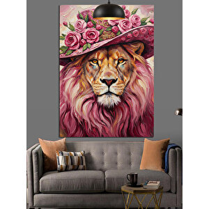 Pembe Çiçekli Aslan Dekoratif Kanvas - Mdf Ahşap Tablo 70x100 cm