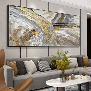 Büyük Boy Altın Gri Yağlıboya Kanvas Tablo, El Yapımı Minimalist Modern Sanat, Baba İçin Hediye