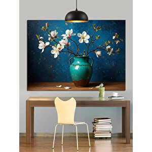 Beyaz Çiçekler Vazo Sanatı Dekoratif Kanvas - Mdf Ahşap Tablo 70x100 cm