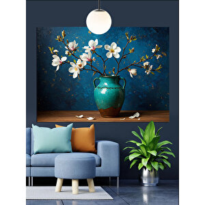 Beyaz Çiçekler Vazo Sanatı Dekoratif Kanvas - Mdf Ahşap Tablo 70x100 cm