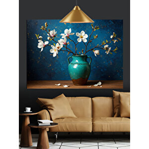 Beyaz Çiçekler Vazo Sanatı Dekoratif Kanvas - Mdf Ahşap Tablo 70x100 cm