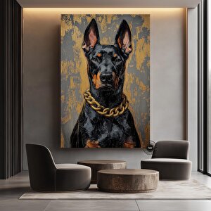 Altın Zincirli Doberman Yağlıboya Portresi, Lüks Tarz Kanvas Sanat 80x150 cm