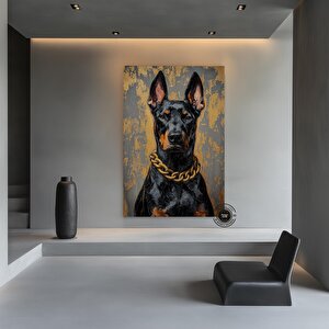Altın Zincirli Doberman Yağlıboya Portresi, Lüks Tarz Kanvas Sanat