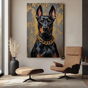 Altın Zincirli Doberman Yağlıboya Portresi, Lüks Tarz Kanvas Sanat