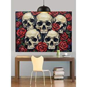 Çiçekli Kafatasları Sanatı Dekoratif Kanvas - Mdf Ahşap Tablo 35x50 cm