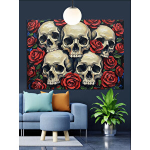 Çiçekli Kafatasları Sanatı Dekoratif Kanvas - Mdf Ahşap Tablo 35x50 cm