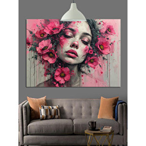 Çiçeklerle Çevrili Kadın Yüzü Portresi Dekoratif Kanvas - Mdf Ahşap Tablo 50x70 cm