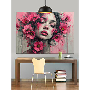 Çiçeklerle Çevrili Kadın Yüzü Portresi Dekoratif Kanvas - Mdf Ahşap Tablo 50x70 cm