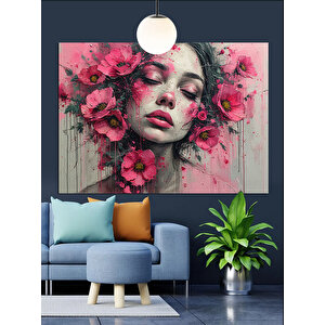 Çiçeklerle Çevrili Kadın Yüzü Portresi Dekoratif Kanvas - Mdf Ahşap Tablo 50x70 cm