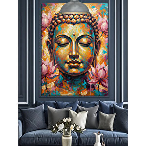 Lotus Çiçekli Buda Heykeli Dekoratif Kanvas - Mdf Ahşap Tablo 35x50 cm