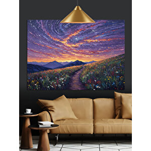 Gün Batımında Altında Çiçek Tarlası Dekoratif Kanvas - Mdf Ahşap Tablo 25x35 cm