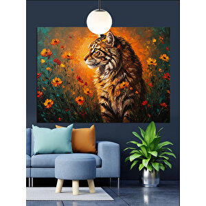 Çiçekler Arasında Oturan Kaplan Portresi Dekoratif Kanvas - Mdf Ahşap Tablo 70x100 cm