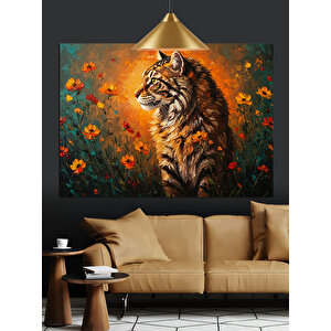 Çiçekler Arasında Oturan Kaplan Portresi Dekoratif Kanvas - Mdf Ahşap Tablo 70x100 cm