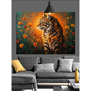 Çiçekler Arasında Oturan Kaplan Portresi Dekoratif Kanvas - Mdf Ahşap Tablo 70x100 cm