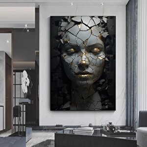 Kırık Soyut Kadın Portresi, Altın Kadın Kanvas Tablosu, Kadın Duvar Sanatı 90x150 cm
