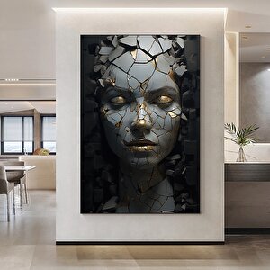 Kırık Soyut Kadın Portresi, Altın Kadın Kanvas Tablosu, Kadın Duvar Sanatı 90x150 cm
