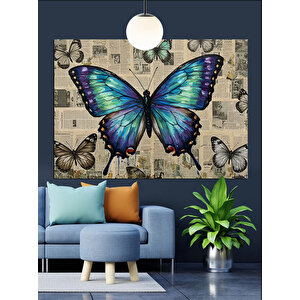Mavi Kelebekler Çiçekler Arasında Uçuşuyor Dekoratif Kanvas - Mdf Ahşap Tablo 50x70 cm