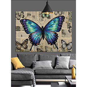Mavi Kelebekler Çiçekler Arasında Uçuşuyor Dekoratif Kanvas - Mdf Ahşap Tablo 50x70 cm
