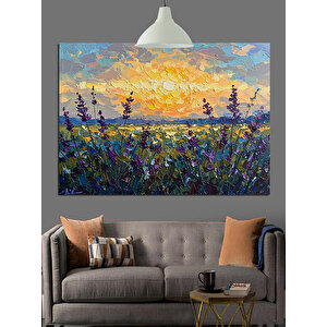 Mor Çiçekli Alan Manzarası Dekoratif Kanvas - Mdf Ahşap Tablo 25x35 cm