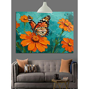 Kelebek Uçuşu Turuncu Çiçek Dekoratif Kanvas - Mdf Ahşap Tablo 70x100 cm