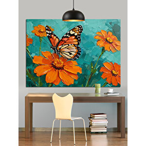 Kelebek Uçuşu Turuncu Çiçek Dekoratif Kanvas - Mdf Ahşap Tablo 70x100 cm