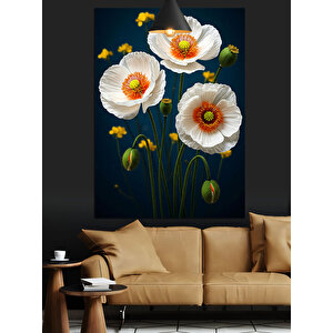Beyaz Gelincik Çiçekleri Dekoratif Kanvas - Mdf Ahşap Tablo 70x100 cm