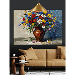 Renkli Çiçek Buketi Vazo Dekoratif Kanvas - Mdf Ahşap Tablo 70x100 cm