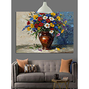 Renkli Çiçek Buketi Vazo Dekoratif Kanvas - Mdf Ahşap Tablo 70x100 cm