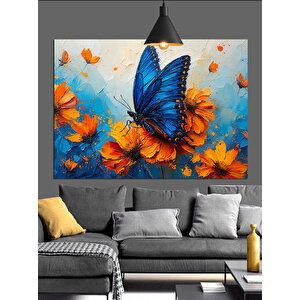 Turuncu Çiçekler Üzerinde Mavi Kelebek Dekoratif Kanvas - Mdf Ahşap Tablo 35x50 cm