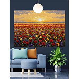 Gün Batımında Canlı Kırmızı Çiçek Tarlası Dekoratif Kanvas - Mdf Ahşap Tablo 35x50 cm