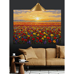 Gün Batımında Canlı Kırmızı Çiçek Tarlası Dekoratif Kanvas - Mdf Ahşap Tablo 35x50 cm