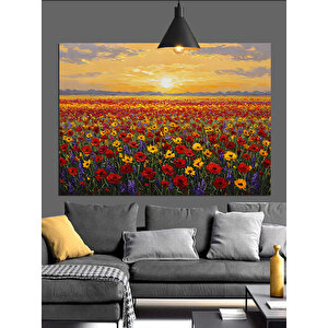 Gün Batımında Canlı Kırmızı Çiçek Tarlası Dekoratif Kanvas - Mdf Ahşap Tablo 35x50 cm