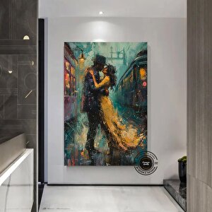 Romantik Çift Duvar Sanatı – Soyut Öpüşen Çift Çok Renkli Kanvas; Aşıklar Sanatı; Renkli Duvar Tablos 90x150 cm